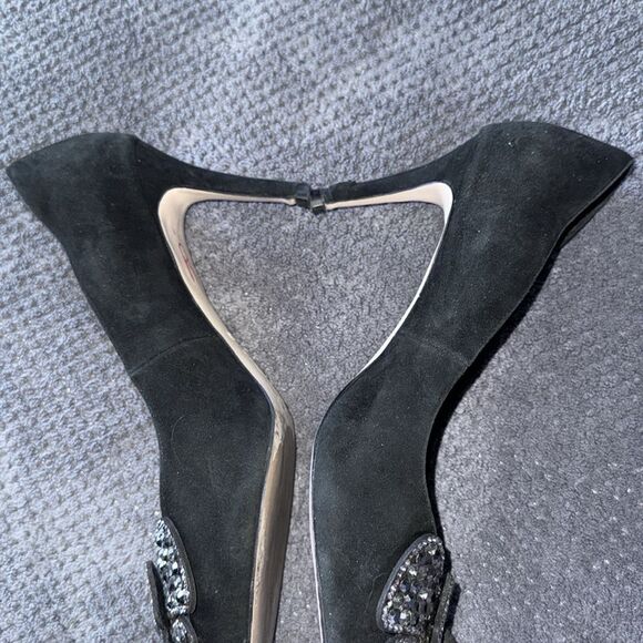 Alomore Black‎ Suede Rhinestone Bow Flats 7.5 Pointed Toe Leather Sole heels - Picture 5 of 11